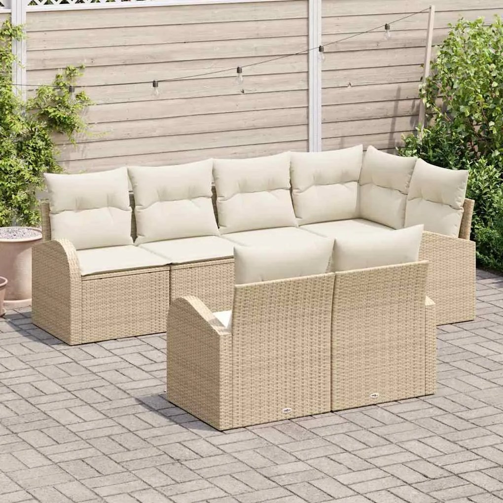 vidaXL Σετ Καναπέ Κήπου με μαξιλάρι 7 pcs Μπεζ Πολυ ράταν