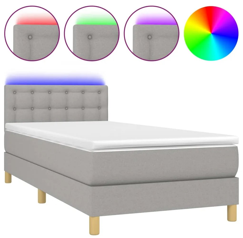 vidaXL Κρεβάτι Boxspring με Στρώμα & LED Αν.Γκρι 90x190 εκ. Υφασμάτινο