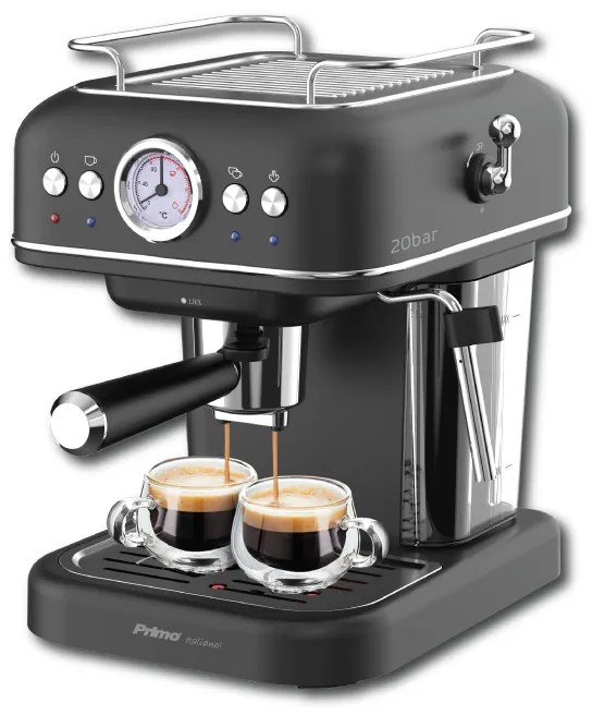 Primo PREM-40444 Μηχανή Καφέ Espresso Eco 20Bar 3 σε 1 Αναλογικό καντράν θερμοκρασία, Μαύρη-Chrome