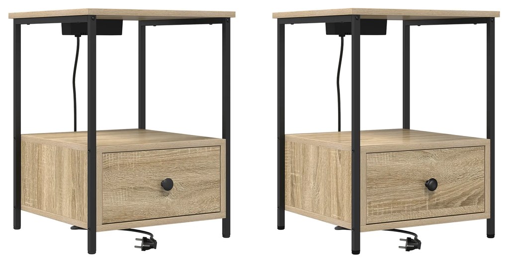 vidaXL Κομοδίνο με Σταθμό Φόρτισης με συρτάρι 2 pcs Sonoma Δρυς