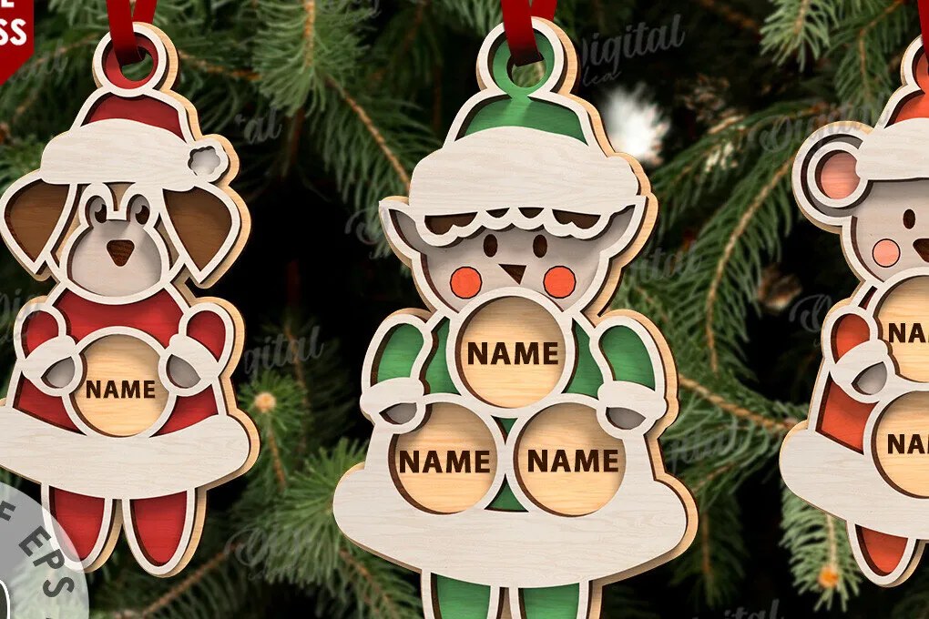 Intra απο ξύλο plywood 3mm-4mm πάχος 3 Οικογενειακά Χριστουγεννιάτικα Στολίδια  Δίασταση 8x8 cm INTRAFABR-109883340