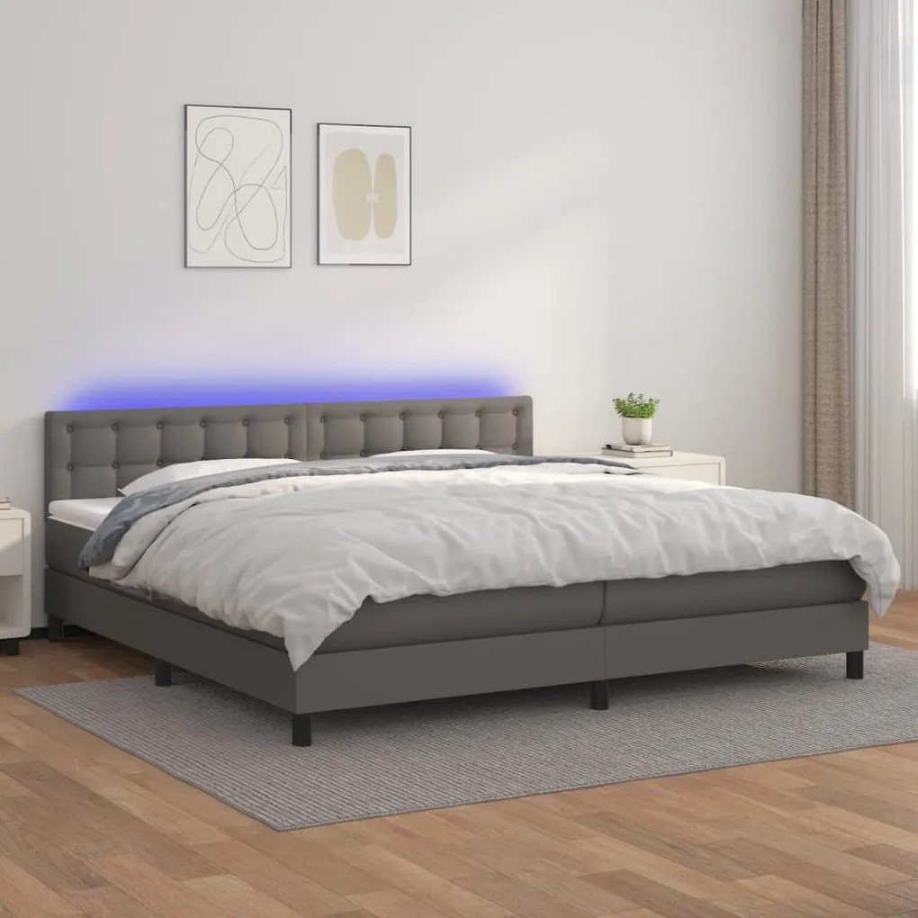 vidaXL Κρεβάτι Boxspring με Στρώμα & LED Γκρι 200x200 εκ. Συνθ. Δέρμα