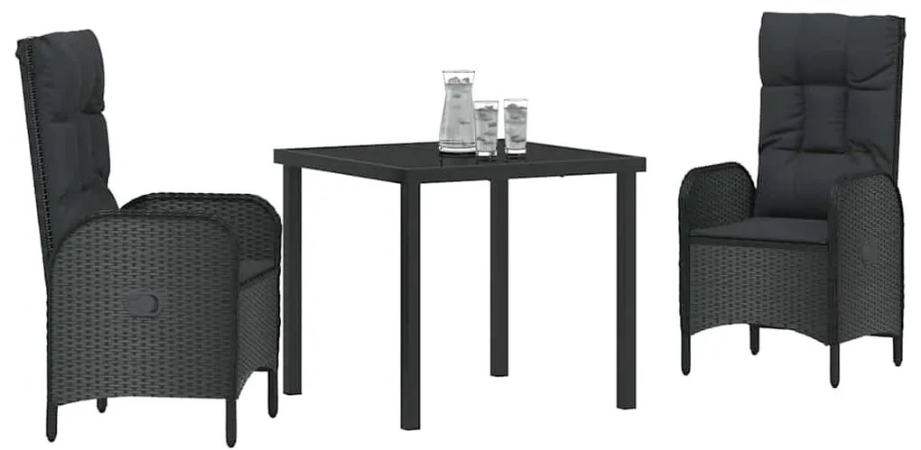vidaXL Σέτ φαγητού για κήπο με μαξιλάρι 3 pcs Μαύρο Πολυ ράταν