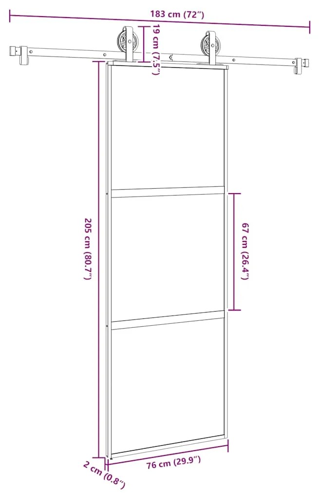 Συρόμενη πόρτα με σετ υλικού 76x205 cm από γυαλί&amp;Αλουμίνιο - Μαύρο