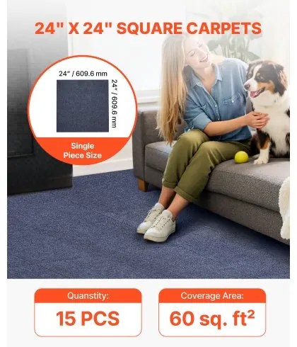 VEVOR Carpet Tiles 610x610 mm 15 Pack Peel and Stick Rug Self Adhesive Gray