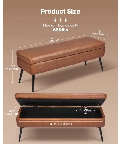 VEVOR PU Leather Storage Ottoman Bench Bench with Storage and Metal Legs Brown