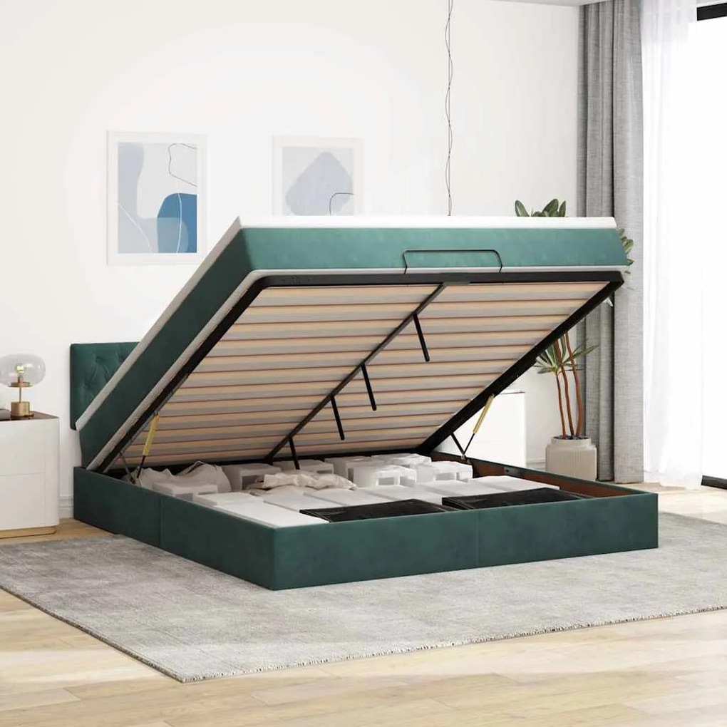 vidaXL Οθωμανικό κρεβάτι με στρώμα &amp; LEDs Dark Green 180x200cm Velvet