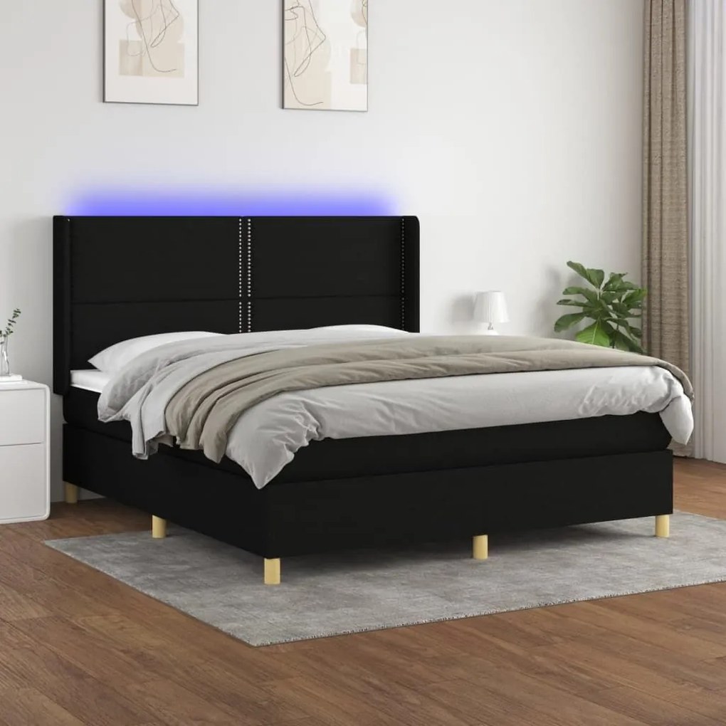 Κρεβάτι Boxspring με Στρώμα &amp; LED Μαύρο 180x200 εκ. Υφασμάτινο - Μαύρο