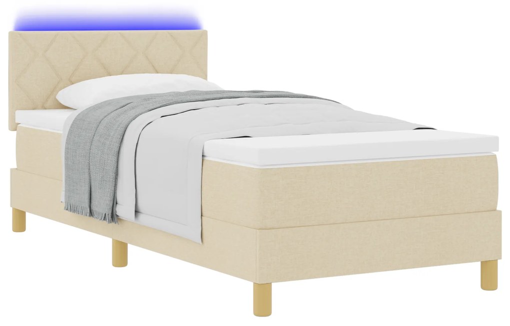 vidaXL Box Spring Bed με Στρώμα & LED Κρεμ 100x200 εκ. Ύφασμα
