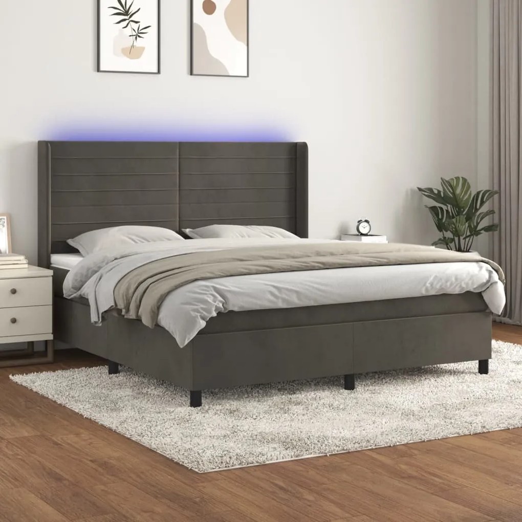 Κρεβάτι Boxspring με Στρώμα & LED Σκ. Γκρι 160x200εκ. Βελούδινο