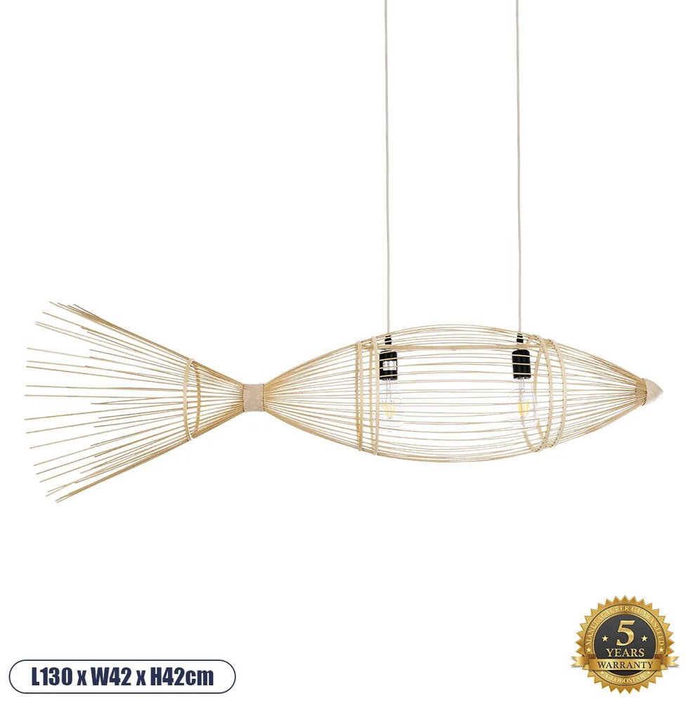 GloboStar® FISH 01927 Μοντέρνο Κρεμαστό Φωτιστικό Οροφής  2 x E27 AC 220-240V IP20 - Μ130 x Π42 x Υ42cm - Μπεζ Ξύλινο Πλέγμα