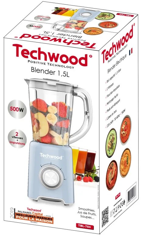 Μπλέντερ Techwood TBL-784, 500W, 1.5 l, 2 ταχύτητες + παλμοί, ατσάλινες λεπίδες, γαλάζιο χρώμα
