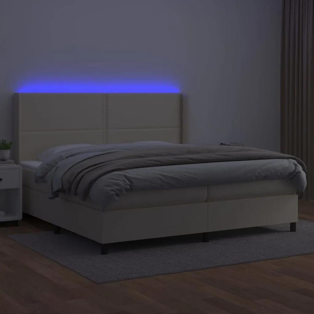 Κρεβάτι Boxspring με Στρώμα &amp; LED Κρεμ 200x200 εκ. Συνθ. Δέρμα - Κρεμ