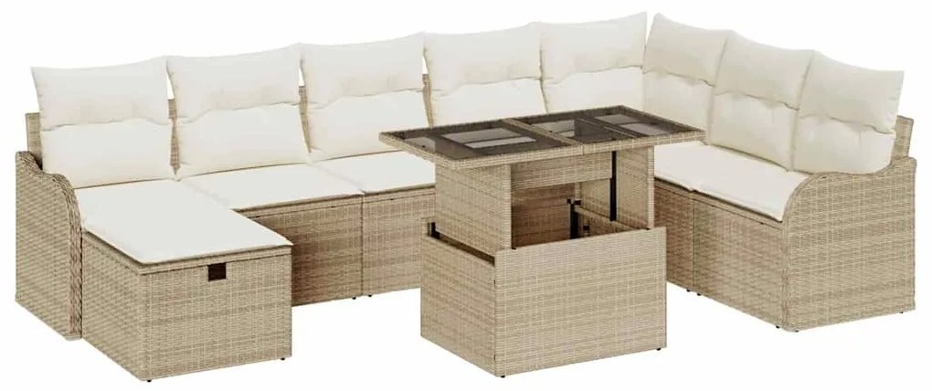 vidaXL Σετ Καναπέ Κήπου με μαξιλάρι 9 pcs Μπεζ Πολυ ράταν