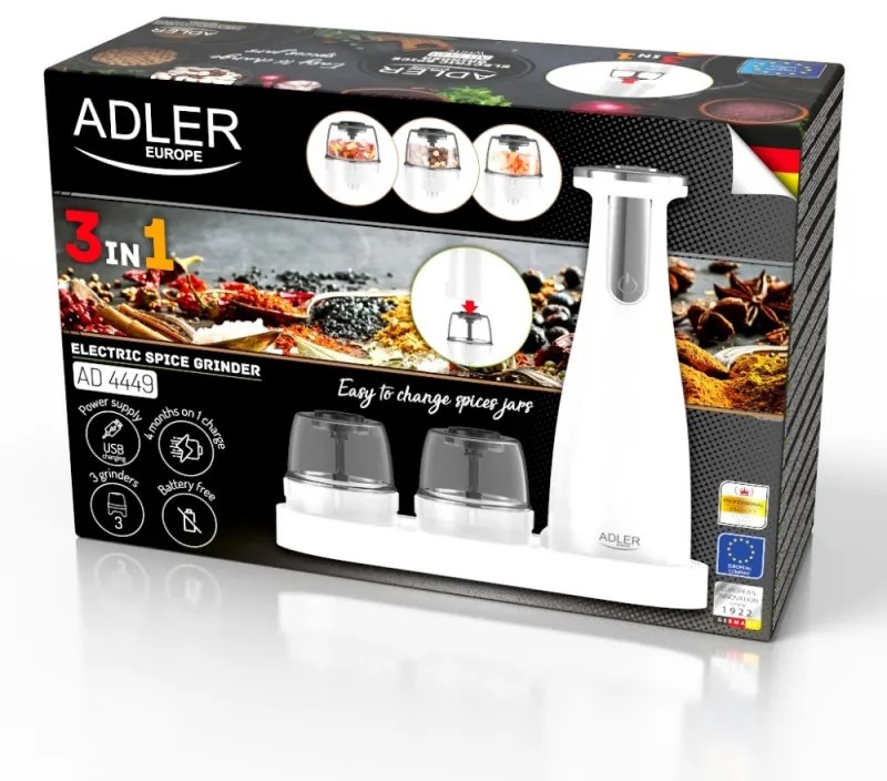 Ηλεκτρικός Μύλος Μπαχαρικών Adler AD 4449W, 3 τμχ, 150 ml, USB, μπαταρία Li-Ion 1500mAh, Κεραμικές λεπίδες, Λευκό