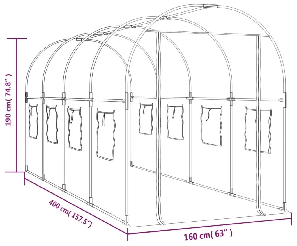 vidaXL Θερμοκήπιο Διαφανές 160x400x190 εκ. PVC & Χάλυβας Ηλεκτρ. Βαφή