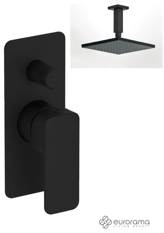 Eurorama Quadra Black Matt Ανακλινόμενη κεφαλή 20x20εκ.+Μίκτης εντοιχισμού 2 εξόδων με εκτροπέα 144030SL-400
