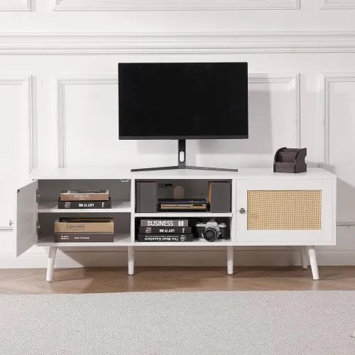 VEVOR Rattan TV Stand for 65&quot; TV Boho TV Stand with Build-in Socket White
