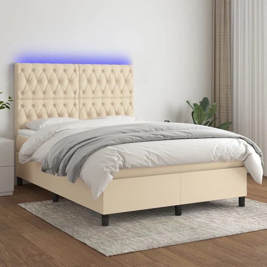 Κρεβάτι Boxspring με Στρώμα &amp; LED Κρεμ 140x190 εκ. Υφασμάτινο