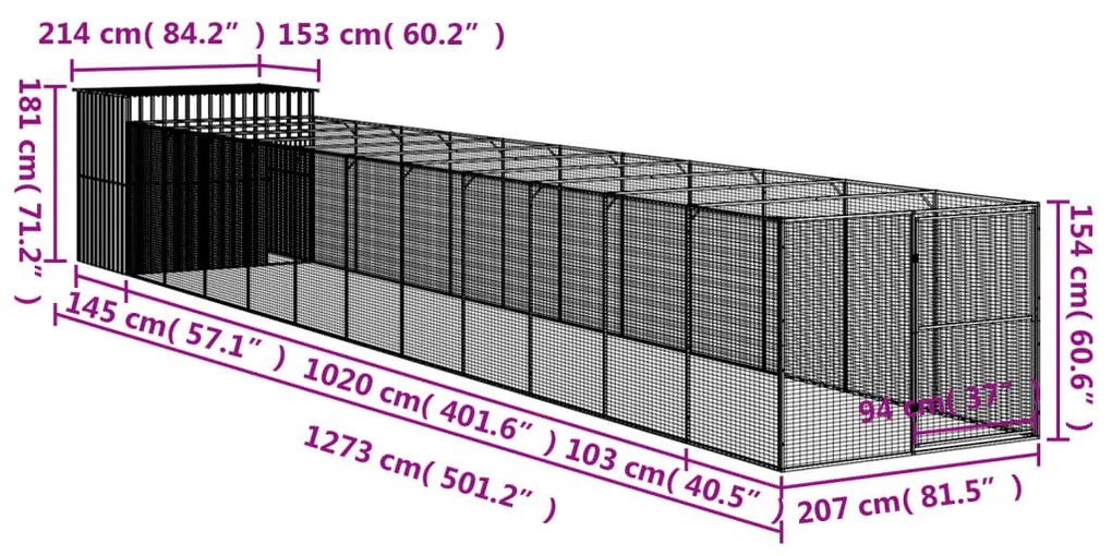 Σπιτάκι Σκύλου με Αυλή Ανθρακί 214x1273x181 εκ. Γαλβαν. Χάλυβας - Ανθρακί