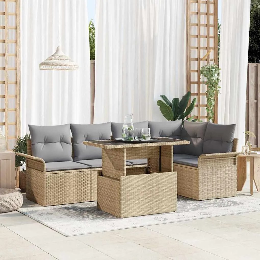 vidaXL Σετ Καναπέ Κήπου με μαξιλάρι 6 pcs Μπεζ Πολυ ράταν