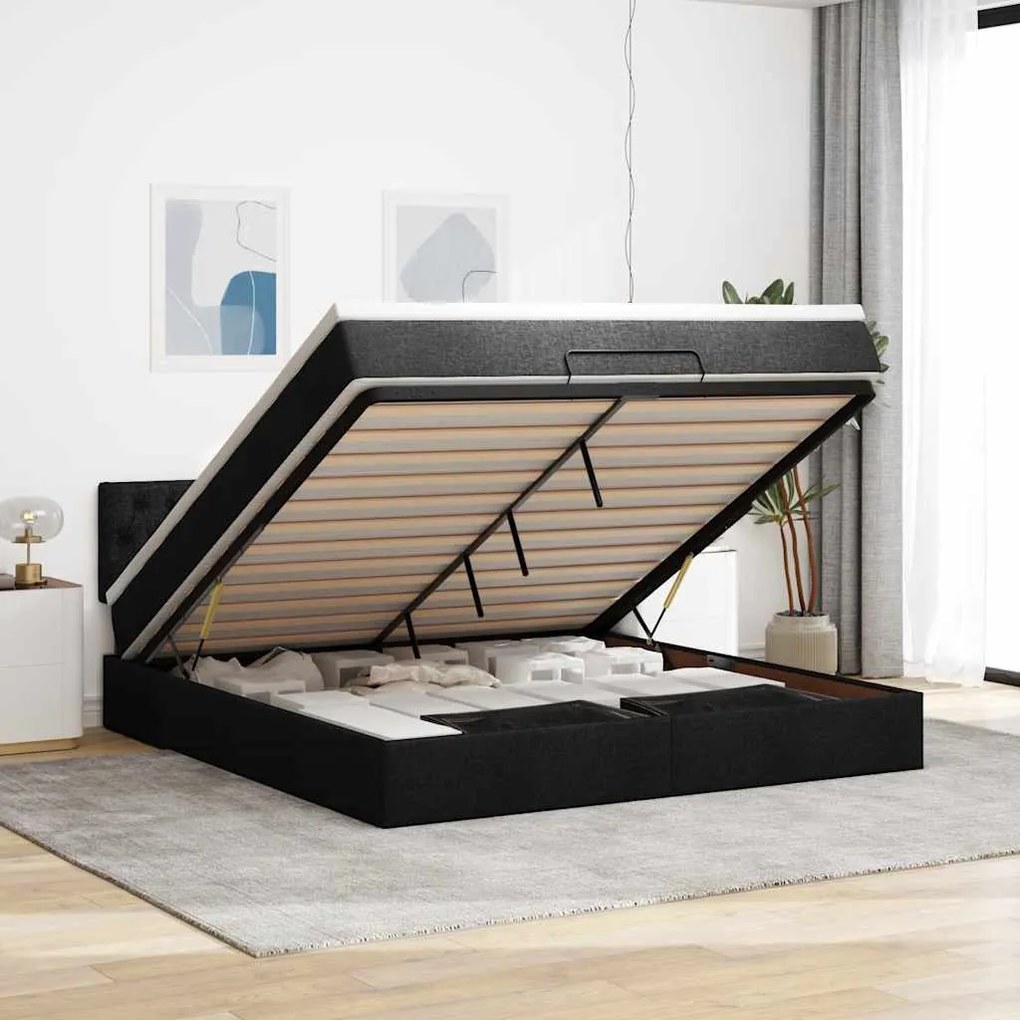 vidaXL Οθωμανικό κρεβάτι με στρώμα &amp; LEDs Μαύρο ύφασμα 160x200cm