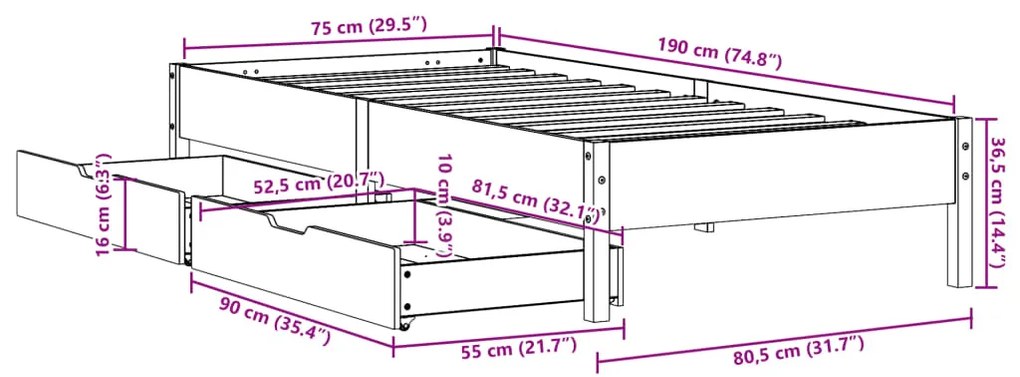 Σκελετός Κρεβ. Χωρίς Στρώμα Λευκό 75x190 εκ Μασίφ Πεύκο - Λευκό