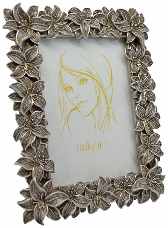 Κορνίζα Με Ανάγλυφα Λουλούδια Ασημί Polyester 10x15cm ANKOR