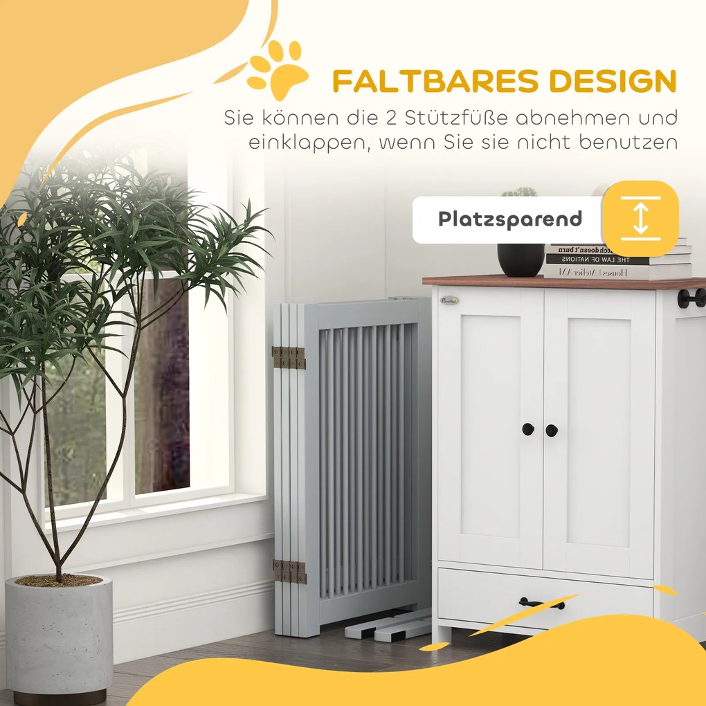 PawHut Αυτόνομο Πάνελ Σκύλου, 4 πάνελ, ευέλικτο, ξύλο πεύκου, 204L x 36W x 75H cm, Ανοιχτό Γκρι