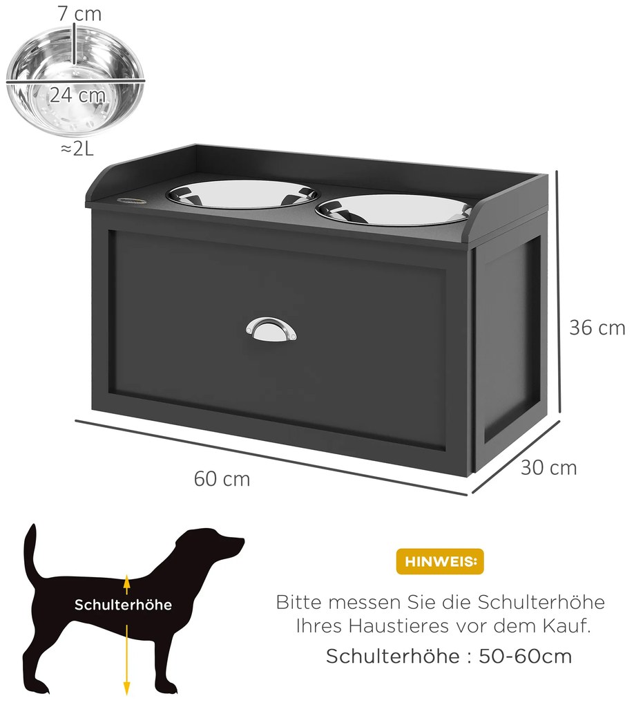PawHut Σταθμός τροφοδοσίας, 2 μπολ 2 λίτρων το καθένα, ανοξείδωτο ατσάλι, με συρτάρι, για μεγάλους σκύλους, μαύρο+ασήμι, 60 x 30 x 36 εκ.