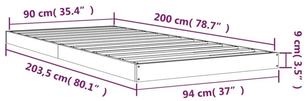 Πλαίσιο Κρεβατιού Γκρι 90 x 200 εκ. από Μασίφ Ξύλο Πεύκου - Γκρι