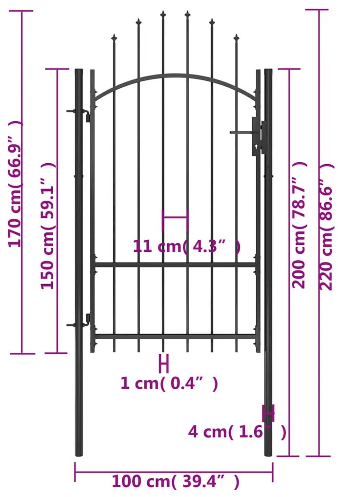 vidaXL Καγκελόπορτα Μαύρη 1 x 2,2 μ. Ατσάλινη