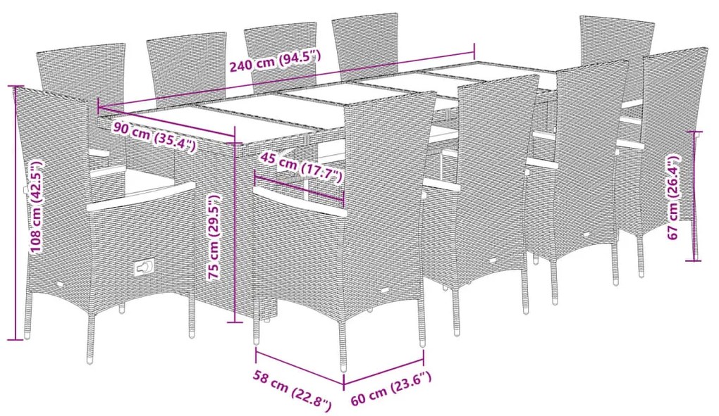 vidaXL Σετ Τραπεζαρίας Κήπου 11 τεμ Μαύρο από Συνθ. Ρατάν με Μαξιλάρια