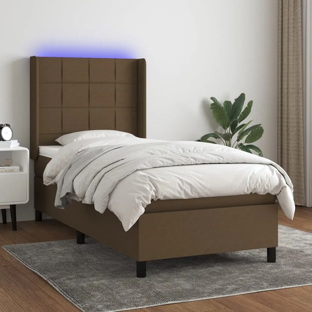 Κρεβάτι Boxspring με Στρώμα &amp; LED Σκ.Καφέ 90x200 εκ. Υφασμάτινο - Καφέ