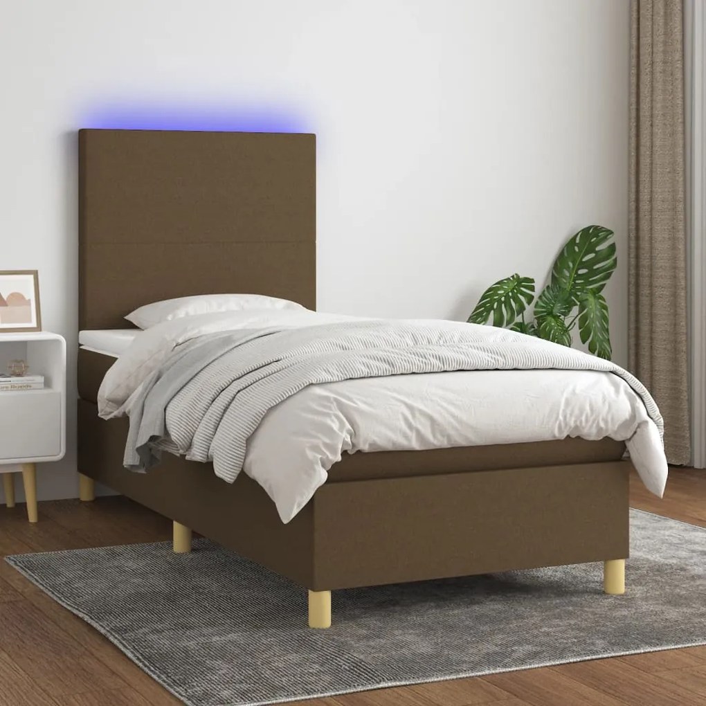 Κρεβάτι Boxspring με Στρώμα &amp; LED Σκ.Καφέ 90x190 εκ. Υφασμάτινο