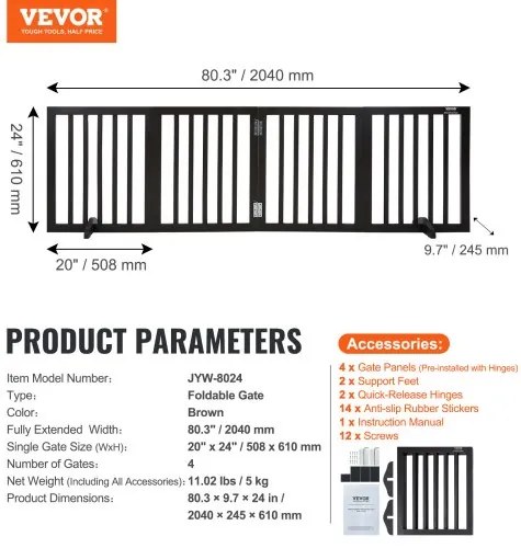 VEVOR Free Standing Dog Gate 24x80.3 inch Freestanding Pet Gate Foldable Brown