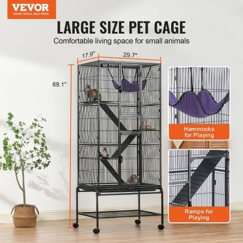 VEVOR 69&quot; Metal Small Animal Cage 4-Tier Rolling Ferret Cage with Tray 3 Ramps