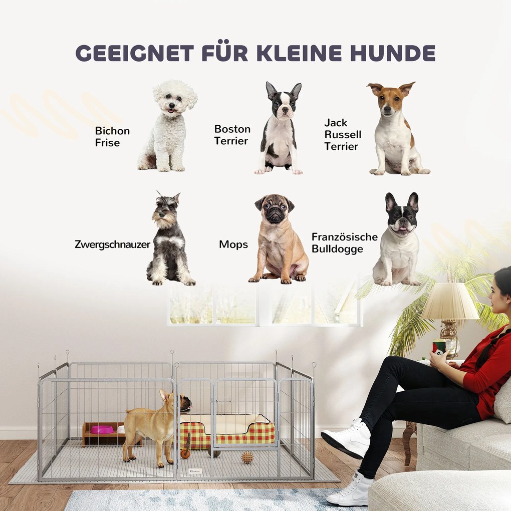 PawHut Περίφραγμα κατοικίδιων, φράχτης σκύλου, παιδική χαρά κατοικίδιων, ευέλικτα προσαρμόσιμο, ανοξείδωτος χάλυβας