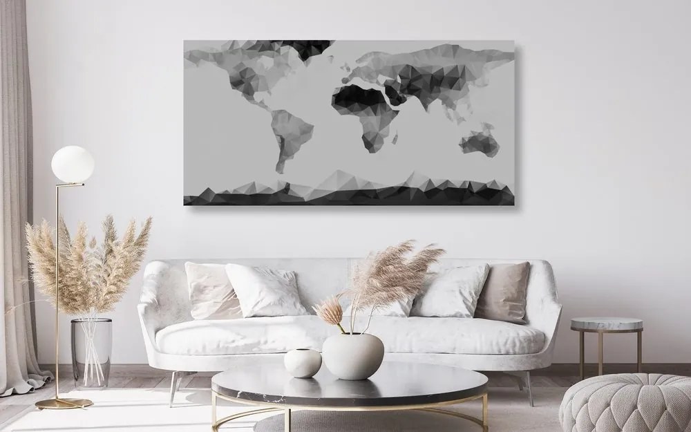 Εικόνα στον παγκόσμιο χάρτη από φελλό σε πολυγωνικό στυλ σε ασπρόμαυρο σχέδιο - 100x50  transparent