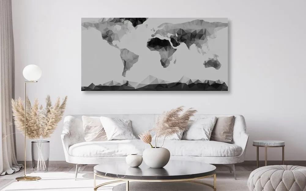 Εικόνα στον παγκόσμιο χάρτη από φελλό σε πολυγωνικό στυλ σε ασπρόμαυρο σχέδιο - 120x60