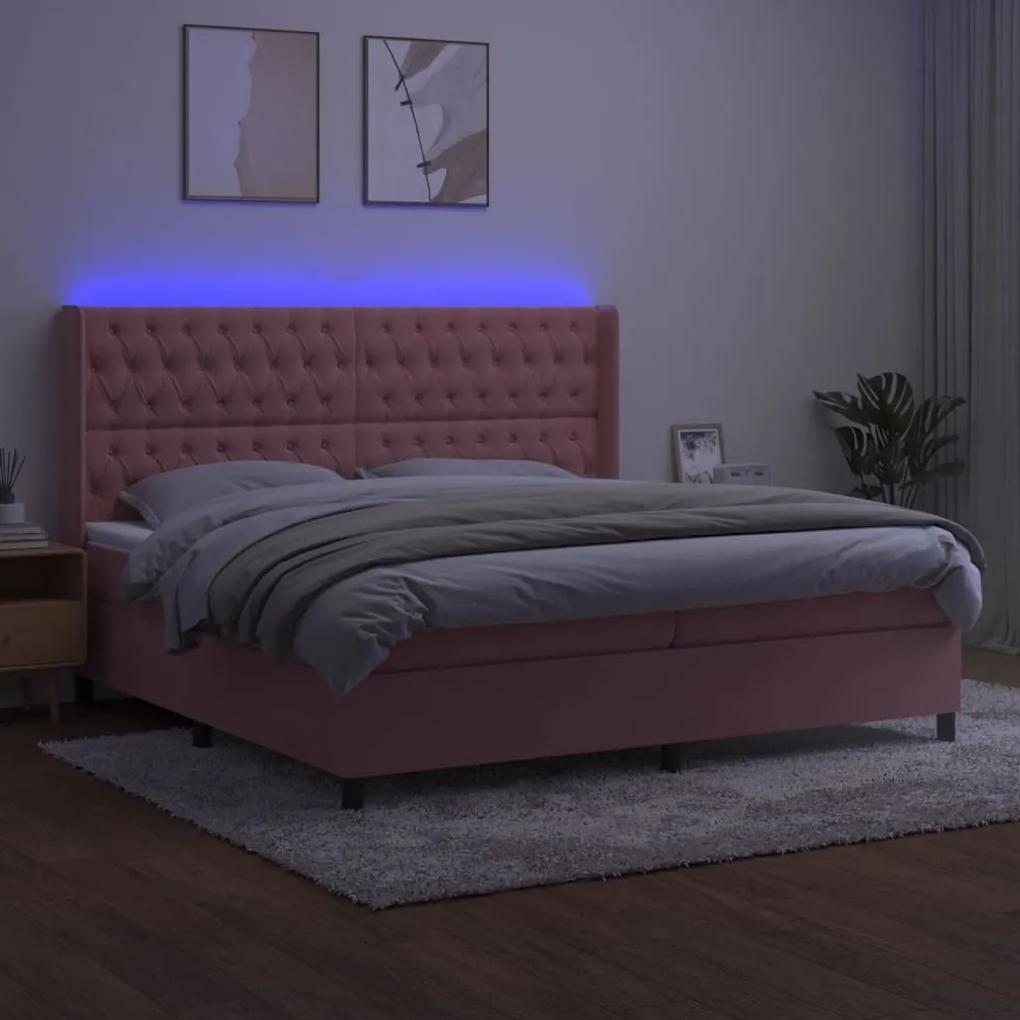 vidaXL Κρεβάτι Boxspring με Στρώμα & LED Ροζ 200x200 εκ. Βελούδινο