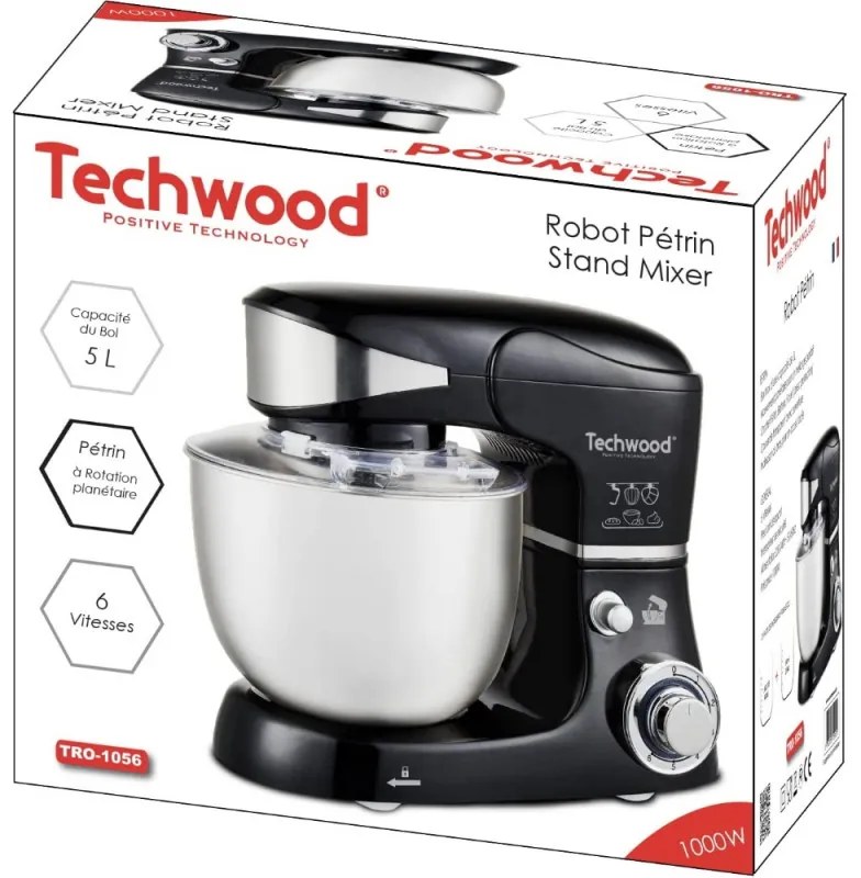 Κουζινομηχανή Techwood TRO-1056, 1000W, 5 lt, 6 ταχύτητες, 3 εξαρτήματα ανάδευσης, Μαύρο/Inox