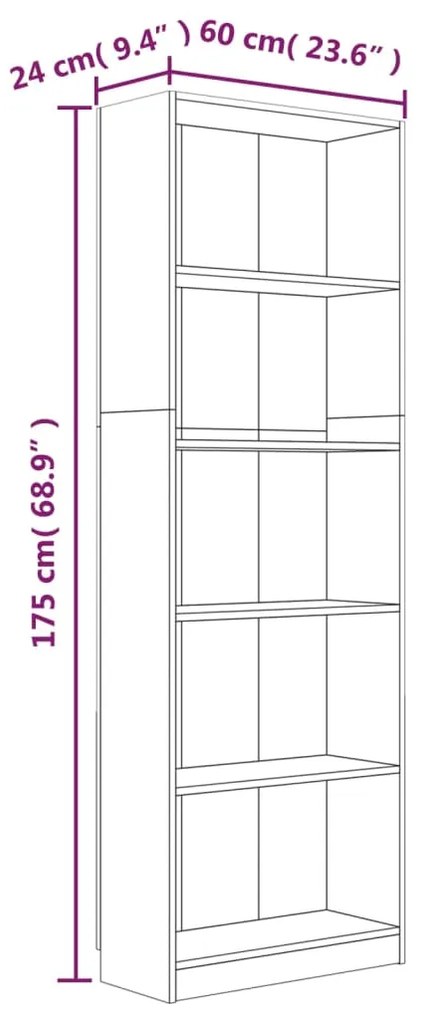 Βιβλιοθήκη με 5 Ράφια Γκρι Sonoma 60x24x175 εκ. Επεξεργ. Ξύλο - Γκρι