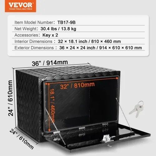VEVOR Underbody Aluminum Truck Tool Box 36&quot; x 24&quot; x 24&quot; Trailer RV Tool Storage