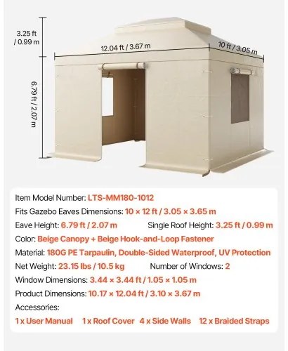 VEVOR Winter Gazebo Cover Fits 3.05 x 3.65 m Hardtop Gazebos, All-Weather Double-Tiered Gazebo Cover with Sidewalls & Windows, High-Density PE Enclosed Storage Shelter Covers, Gazebos not Included