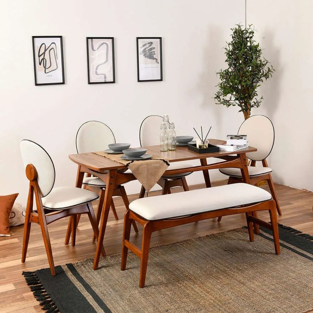 Τραπεζαρία Touch (Σετ 6Τμχ) 998VOW1175 160x78x75cm Walnut-Cream 6 Θέσεων Wood, Fabric