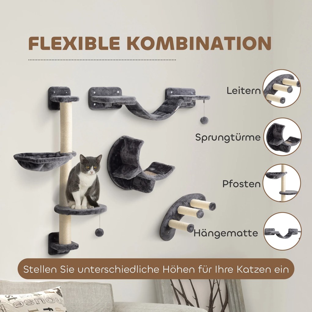 PawHut Τρίποδο για Γάτες 4 τεμαχίων Σετ Κρεβάτι για Γάτες με Αιώρα, Γέφυρα για Γάτες έως 5 kg, Σκούρο Γκρι