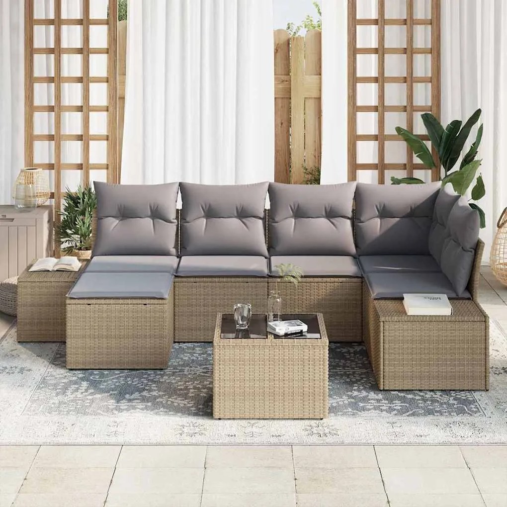 vidaXL Σετ Καναπέ Κήπου με μαξιλάρι 7 pcs Μπεζ και γκρι Πολυ ράταν
