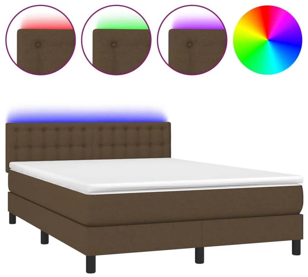 Κρεβάτι Boxspring με Στρώμα &amp; LED Σκ.Καφέ 140x200 εκ Υφασμάτινο - Καφέ