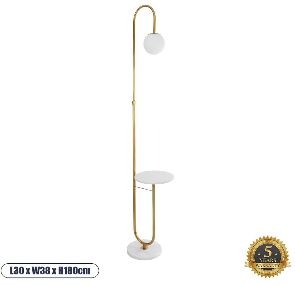 02025 GloboStar® CORDELIA 02025 Μοντέρνο Επιδαπέδιο Φωτιστικό Μονόφωτο 1 x E27 IP20 Χρυσό Αλουμίνιο, Λευκό Γυαλί με Λευκό Μάρμαρο - Μ30 x Π38 x Υ180cm